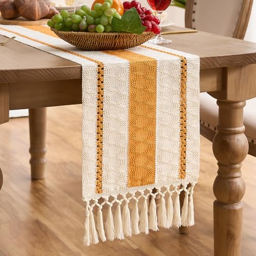 Aisybaklyn Runner da Tavola Arancia 30x140 cm Boho Moderno Runner Tavolo con Strisce Decorative e Frange in Cotone Intrecciato per Cucina Rustica Cene Familiari e Decorazioni Bohémien Casa