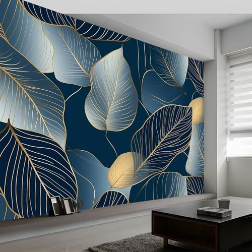 Papel de Pared 350 x 256 cm Papel pintado tejido no tejido Decoración Papel Tapiz Papel Pared Elegancia Hojas Textura Moderna Decoración De Pared Sala Cuarto Oficina Salón Dormitorio Azul Dorado
