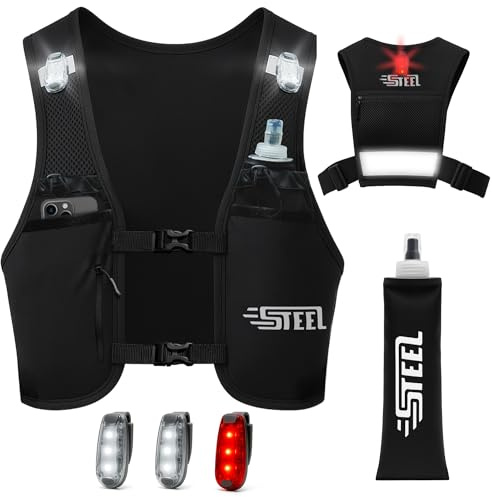 Chaleco de hidratación para Correr Reflectante con LED Recargable, portabotellas, Ajustable, Chaleco Ligero, Botella de hidratación de 500 ml para Senderismo, Trail y Running (Negro (1 cantimplora))