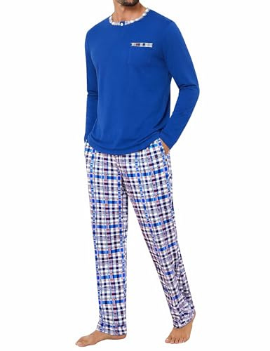Jahetuul Men's Pyjamas Sets Long Sleeve Cotton Pjs Set Crew Neck Top and Plaid Bottoms with Pockets Winter Loungewear for Home Casual S-4XL Blue