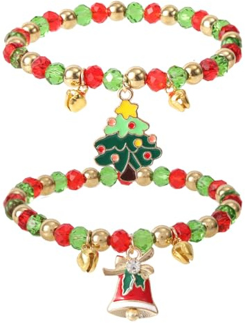 Mikovivi 2pcs Christmas Charm Bracelet, Adjustable Holiday Bracelets Delicate Christmas Jewelry for Women (Bells, Xmas Tree)
