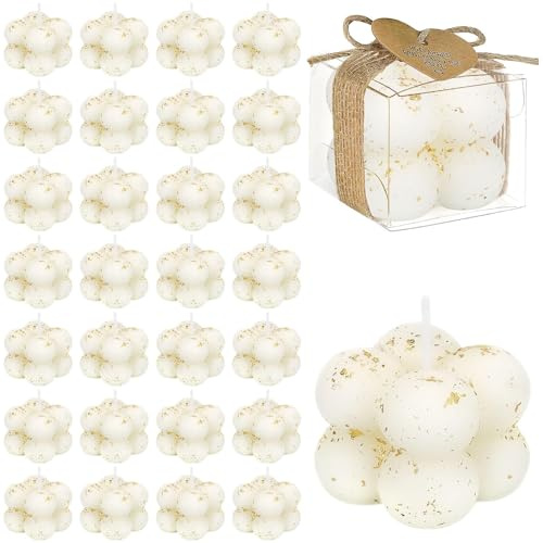 Lot de 30 Bougie à Bulles pour Invités de Mariage, Bougies Parfumées pour Cadeaux d'Invités, Bougies Mignonnes avec Cartes et Fleurs Séchées DIY pour Baptême, Baby Shower (Feuille d'Or Blanche)