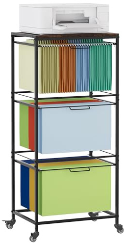 EasyPAG Rolling Hanging File Folder Cart, 3 Tier Metal Pull-Out File Rack for Letter and Legal Size Folders, Portable Filing Cart for Office Home, Black
