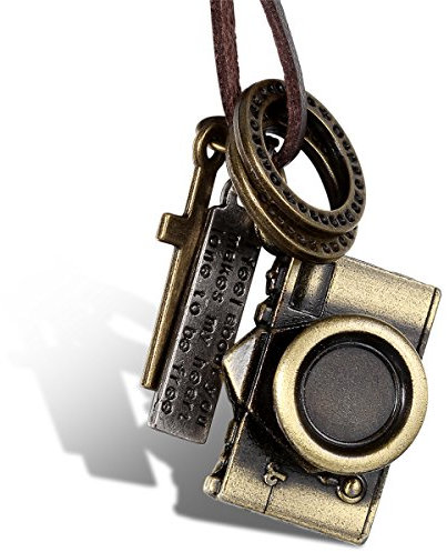JewelryWe Men,Women's Vintage Alloy Camera Cross Pendant Leather Necklace Adjustable 15-31 Inch Chain