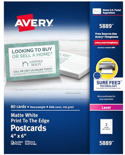 Avery Printable Postcards with Sure Feed Technology, 4 x 6, White, 80 Blank Postcards for Laser Printers (5889)