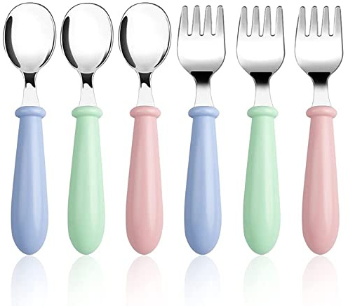 Lanjue Kids Fork and Spoon Set, 6 Pieces, Stainless Steel, 3 Colours | Round Handles, 3 Forks and 3 Spoons, Toddler-Friendly Size, Blue Green Pink, Everyday Flatware Set