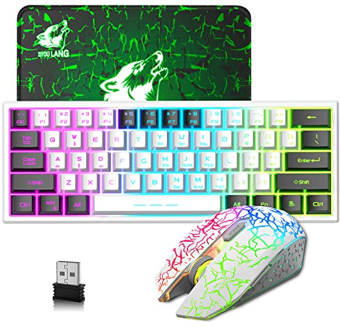 60% Kompakt Mini Gaming Kabellose Tastatur Und Maus Set - Weiß Gemischt Schwarz 2 in 1 USB Empfänger - Type C Wiederaufladbar Beleuchtet Tastatur - Ergonomie Atmende Licht Maus Für PC Mac Laptop