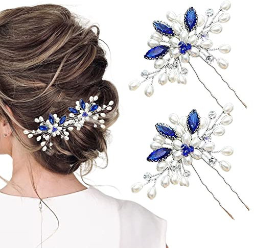 Flower Bridal Hair Pins Pearl Bride Wedding Hair Accessories Rhinestone Hair Piece for Women and Girls(Blue)