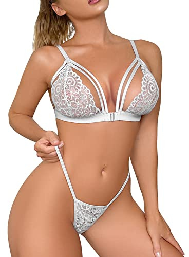 Niwicee Ensemble Sexy Lingerie Feminin Soutiens-Gorge Dentelle Sexy G-String Brassière Nuit Nuisette 2 Pièces Ouverture Frontale Ajustable Bra Push Up sous-vêtements Culotte Ensemble-B-Blanc-L