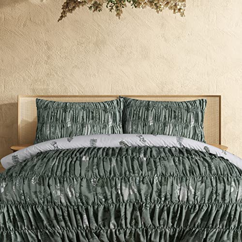 Sleepdown Fern Leaves Rouched Pleats Green White Reversible Duvet Cover Quilt Bedding Set with Pillowcases Soft Easy Care Bed Linen - Double (200cm x 200cm)