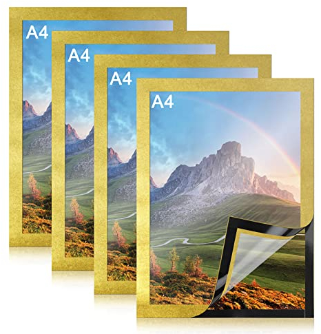 Newellsail Magnetrahmen A4 Selbstklebend Magnetischer Display-Rahmen A4 Magnetisch Info-Rahmen für Dokumente, Lizenz, Fotos, Notizen, Poster, Bilder (4 Stück, Gold)