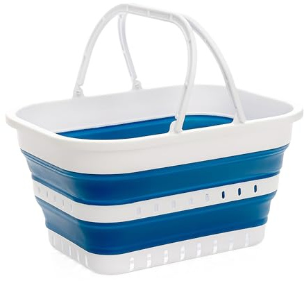 SAMMART 19L Collapsible Tub with Handle - Portable Outdoor Picnic Basket/Crater - Foldable Shopping Bag - Space Saving Storage Container (White/Stone Blue, 1)