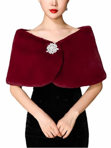 BESTORI Chal de Piel Sintética Invierno Estola de Pelo Mujer Bolero para Fiesta Novia Bodas Borgoña 1