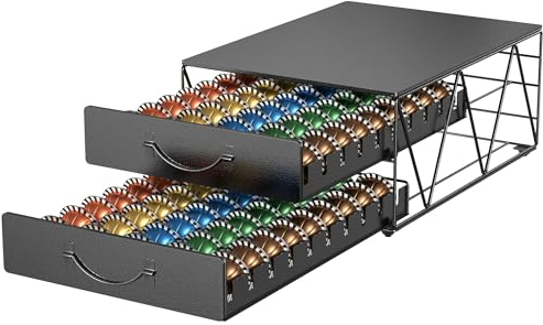 Double Layer Nespresso Vertuoline Capsule Drawer Organizer Coffee Machine Stand - HFHOME Metal Coffee Pod Holder for 100 Nespresso Vertuo Capsules Pods & 100 Dolce Gusto Pods