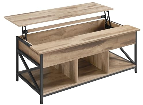 VASAGLE Couchtisch, höhenverstellbarer Wohnzimmertisch, Kaffeetisch, offener und versteckter Stauraum, X-Streben, 60 x 120 x (48-62) cm, Kamelbraun-schwarz LCT215K50
