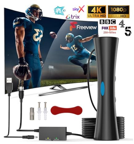 TV Aerial, Tv Strongest Signal Booster Amplifier, Freeview Tv Aerial Indoor Outdoor UK, Long Range 360° Reception HDTV Antenna 4K 1080P Ultra For All TV