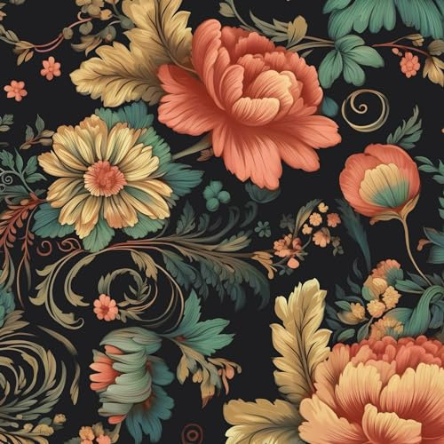 BOKEBEVE Vibrant Floral Peel and Stick Wallpaper Vintage,Boho Colorful Contact Paper,Peel Stick Cabinet,Wallpaper for Bedroom Bathroom Wall Removable Dark Black 17.5 x 118In