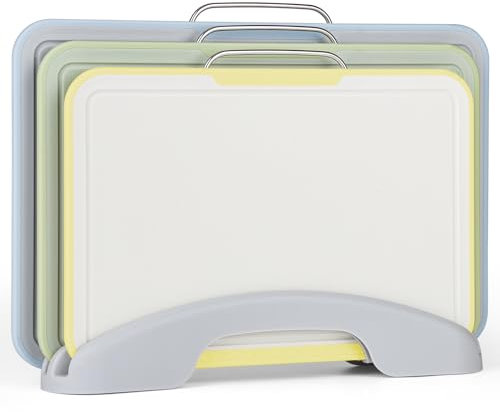 Tablas de Cortar en Plástico con Soporte 8mm GIOVARA Juego de 3 Tabla Cortar Cocina Colores, Tabla Cortar Cocina Color para Picar Carne, Pescado y Verduras, Lavavajillas Tablas 33.2 * 22cm