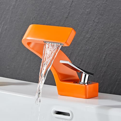 MocArt 2239 Waterfall Faucet, Bathroom Hot and Cold Mixer Tap, Hotel Basin Copper Faucet, Ceramic Valve Core, Single Hole Installation, Water Saving Design (Orange)