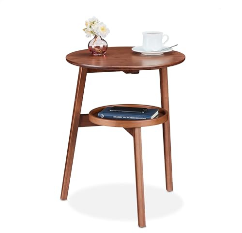 Relaxdays Beistelltisch, Sofatisch mit 2 Ebenen, Tischchen HBT: 60x47x40 cm, runder Couchtisch Wohnzimmer, Bambus, braun