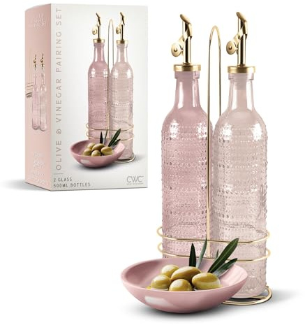 COOK WITH COLOR Glass Olive Oil Bottle Dispenser - 2 Pack- 17oz Oil and Vinegar Cruet - Olive Oil Carafe Decanter for Kitchen, Champagne Bubbles, Pink
