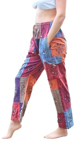 JUNKIRI Pantaloni Unisex in Cotone Patchwork, Pantaloni da Yoga Hippie Boho Festival Multi Colorati (IT, Testo, Taglia Unica, Regular, Regular, Blu e Rosso)