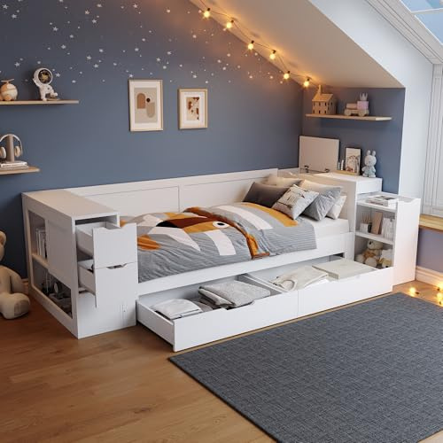 Gegtuon Bett 90x200 Kinderbett mit Nachttisch und Bücherregal, Schlafsofa