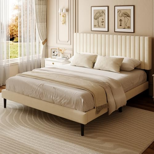 viplov King Size Bed Frame with Velvet Upholstered Headboard, King Bed Frame with Strong Wood Slats, Mattress Foundation, Box Spring Optional, Easy Assembly, Beige