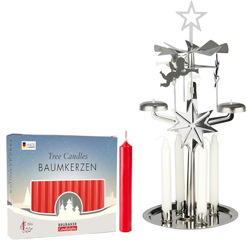 BRUBAKER Carillon Luminoso con Set di 12 Candeline Piramidali Rosse - Portacandele in Metallo con Angeli, Argento - Piramide da Tavolo Girevole per Candele da Tè - Decorazioni di Natale
