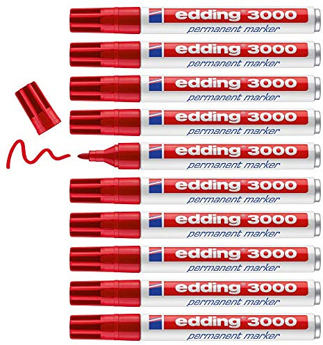 edding 3000 Permanentmarker - rot - 10 Stifte - Rund-Spitze 1,5-3 mm - schnell trocknender Permanent Marker - wasserfest, wischfest - für Karton, Kunststoff, Holz, Metall - Universalmarker