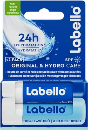 Labello Bipack Classic Care e Labello Hydro Care Burrocacao labbra 2 x 4.8 g, Balsamo Labbra in confezione doppia, Duo balsamo idratante burrocacao protezione solare SPF 15