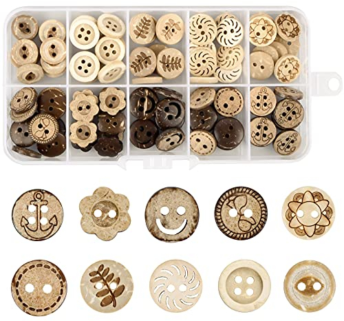 smatime 100 Stück Holzknöpfe, Handmade Runde Form Knopf, Natur Kokosknöpfe, 2/4 Loch Basteln KinderKnöpfe, Sortiert Holzknöpfe für DIY Stricken Nähen Strickjacken Kleidung Malerei Deko, 13mm