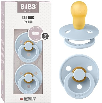 BIBS Colour Soother 2-Pack, BPA Free Dummy Pacifier, Round Nipple. Natural Rubber Latex, Made in Denmark, Size 3 (18+ Months), Baby Blue
