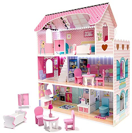 XXL Puppenhaus aus Holz mit LED Beleuchtung | Große Puppenstube mit Möbeln und Zubhör | 3 Etagen + Balkon | Spielset für Kinder Mädchen Jungs | Traumhaus für Puppen in Pink | Großes Dollhouse Kit Set