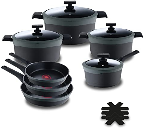 MasterPRO Gastro Reeco | 11-teiliges Set | 20, 24 und 28 cm Bratpfannen, 20, 24 und 28 cm Kochtöpfe und 16 cm Kochtopf mit Deckel | Recyceltes Aluminiumguss | Heatdot | Antihaftbeschichtung, schwarz