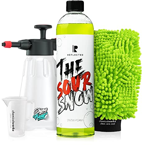 Reflected The Sour Snow Aktivschaum (1L) hochkonzentrierter Snow Foam + chemicalworkz Waschhandschuh + Schaumsprüher - schonende Autowäsche - Vorreiniger, Shampoo, pH-neutral, waschen | 5-teilig