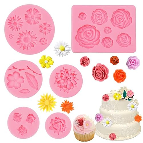 3D Stampi Fiori In Silicone per Dolci, Stampo Silicone Fiori Decorativo Dolci,Forma di Rose Fiore Stampo,Stampo In Silicone per Mini Fiori Foglia,Fiore di Fondente Stampo a Forma Per Sugarcraft