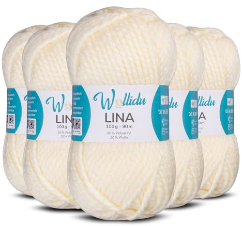Wollidu Lina Wolle zum Stricken und Häkeln 500g 80% Polyacryl 20% Schafwolle Mulesing-frei Oeko-Tex 5x 100g/90m Häkelwolle/Strickwolle - Creme