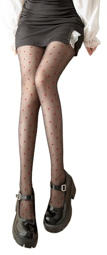 GamTelightpe Collant Fantaisie Femme Bas Noir Transparent avec Motif de Pois Rouge - Taille Unique