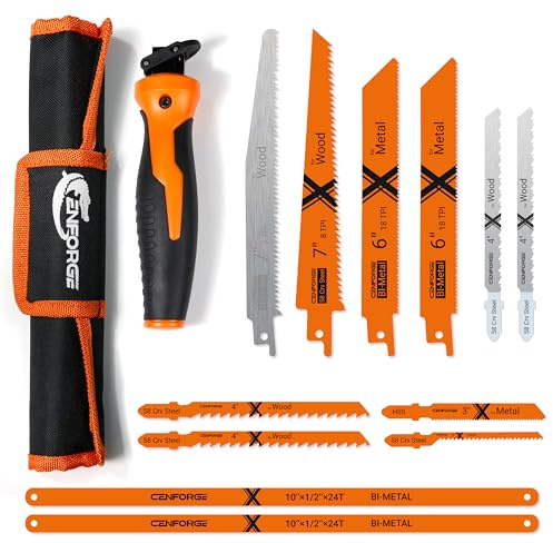 CENFORGE 13-Piece Multi-Purpose Hand Saw Set - Manual Reciprocating Saw Handle with 12 Assorted Blades - Portable Jab Saw Kit for Wood, Metal, Drywall, Plastic & Pruning - Includes Storage Pouch