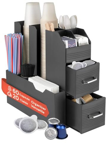 Avilia Portacapsule 9 Scomparti e 2 Cassetti - Fino a 60 Capsule e 20 Cialde - Porta cialde caffe - Salvaspazio, Multiuso, Pratico - 13,9x31x28,7cm - Ideale per Cucina, Ufficio o Soggiorno (Nero)