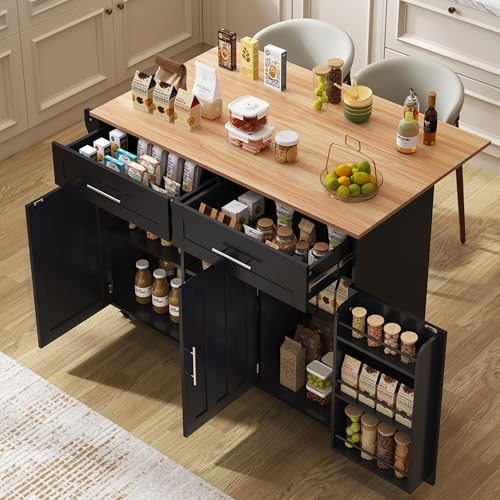 Sapgaks - Gran carro de servicio con mesa plegable, isla de cocina con toallero, 2 cajones, 3 compartimentos de almacenamiento, carro de cocina con 5 ruedas, armario de cocina, negro