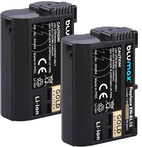 2 x Blumax Battery Compatible with Nikon EN-EL15c | - 2600mAh -| EN-EL15b EN-EL15a EN-EL15 for Z8 Z7 II Z6 III Zf Z5 - D800 D850 D7100 D7500 - MH-25 MH-34