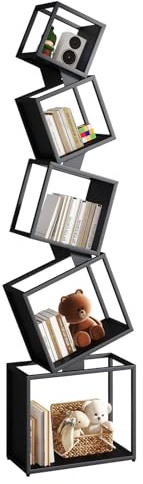 YMYNY Tree Bookshelf, 5-Cube Metal Bookcase, Narrow Corner Bookcase, Space-Saving Modern Geometric Floor Standing Shelf, 22.5 x 46 x 179.5 cm, for Living Room, Study, Bedroom, Black HBC007B