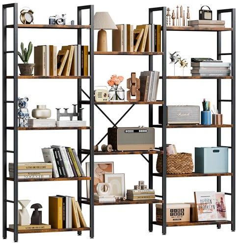 Shintenchi Triple Column 5 Tier Bookshelf, Industrial Large Bookcase Display Shelves, Large Etagere Bookshelf,Wide Book Shelf Book Case for Home & Office, Rustic Brown