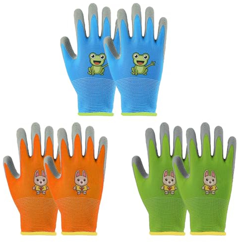 xolear 3 Pares Guantes de Jardinería para Niños, para 5-7 Años, Guantes Trabajo de Látex Antideslizantes, Cómodo y Transpirable Gloves de Seguridad, para Actividades de Jardín, al Aire Libre