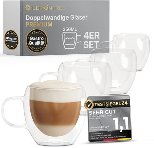 Lemontree 4er Set Cappuccino Tassen 250ml - 180 Grad spülmaschinenfest und hitzebeständig - Gastronomie Qualität - doppelwandige Gläser mit Henkel aus Borosilikatglas für Cappuccino Latte Macchiato
