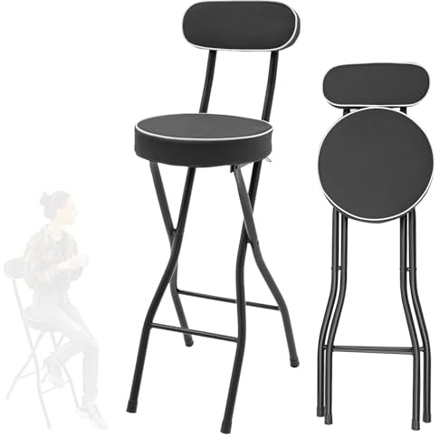 Sgabello Pieghevole Portatile, Sgabelli Alti Da Cucina Con Schienale E Poggiapiedi, Sedia Da Bar Richiudibile, Con Sedile Imbottito, Sedia Da Cucina Per Prato, Veranda, Giardino, Caffè(Black,H75cm)