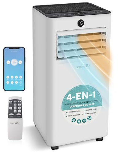 SereneLife portabel luftkonditionering och värme – kompakt 7000 BTU AC med kylning, uppvärmning, WiFi-funktion, avfuktare och fönsterkit (vit)