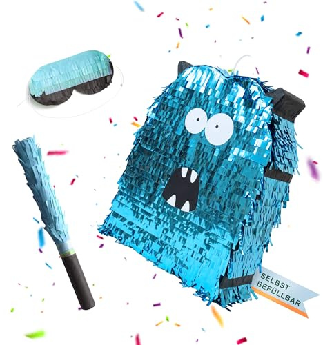 Relaxdays Pinata Monster, med stav och ögonmask, partypinata för fyllning, barns födelsedag, HBT 49,5 x 39 x 10 cm, blå